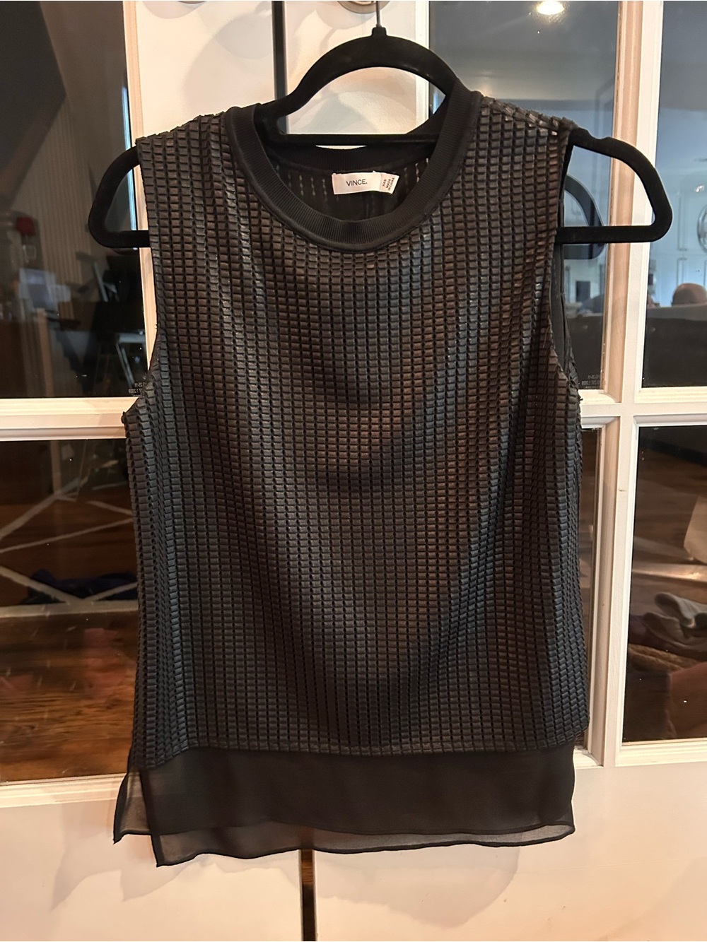 Vince Black Textured Sleeveless Tank with Sheer Hem